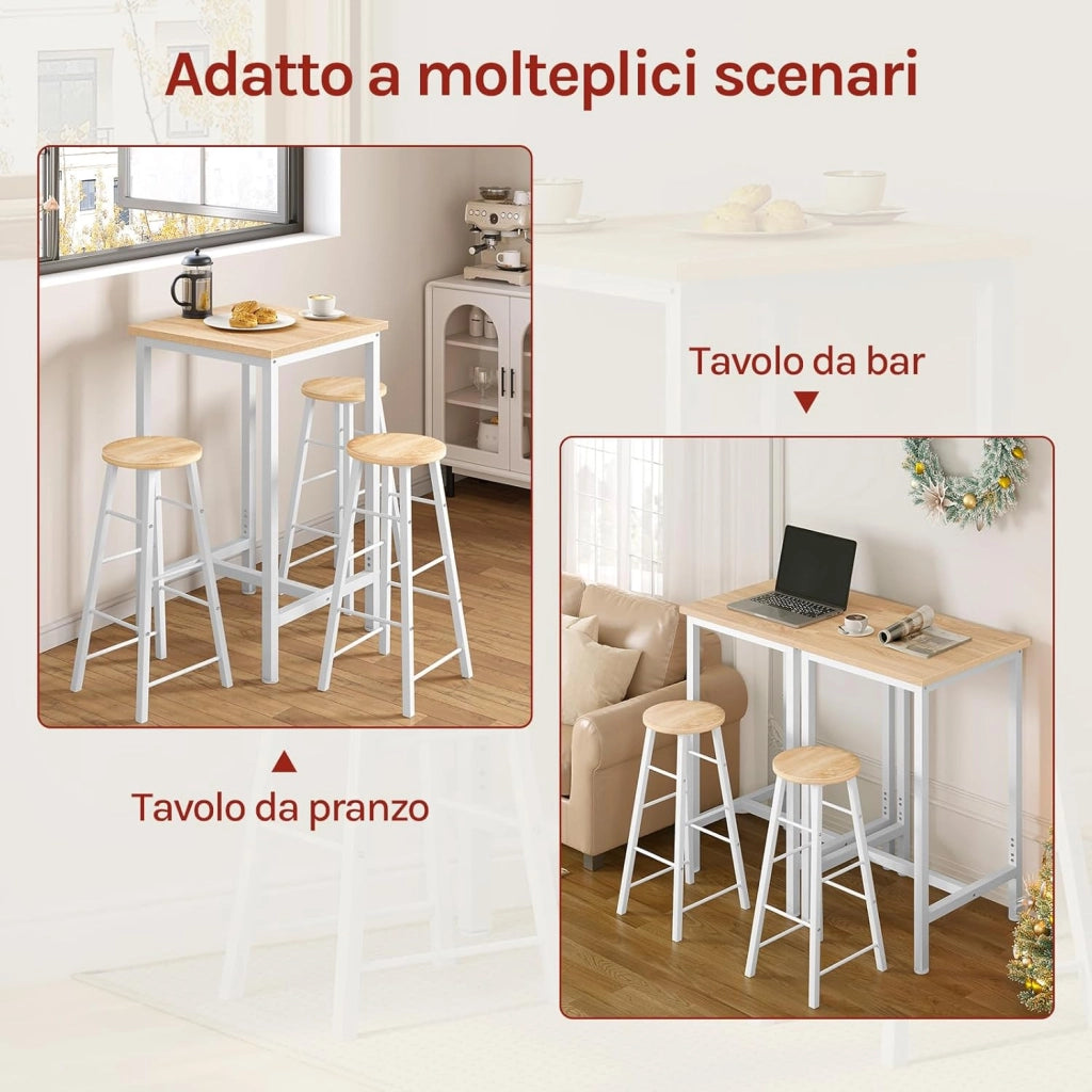 Tavolo da Bar Quadrato, Tavolo Cucina Alto, Tavolino in Metallo & Legno per Cucina, Soggiorno, Rovere Chiaro+Bianco