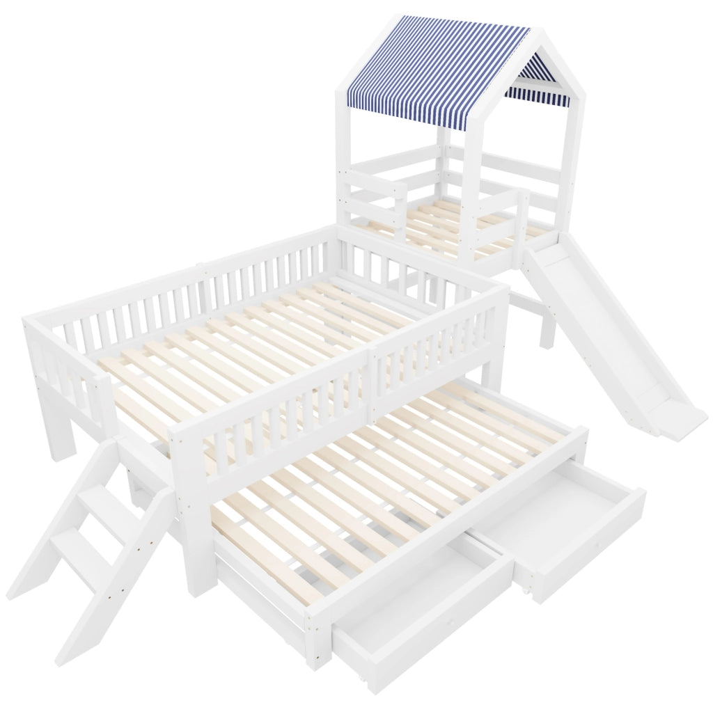 Letto a casetta per bambini con letto estraibile, scivolo e cassetti