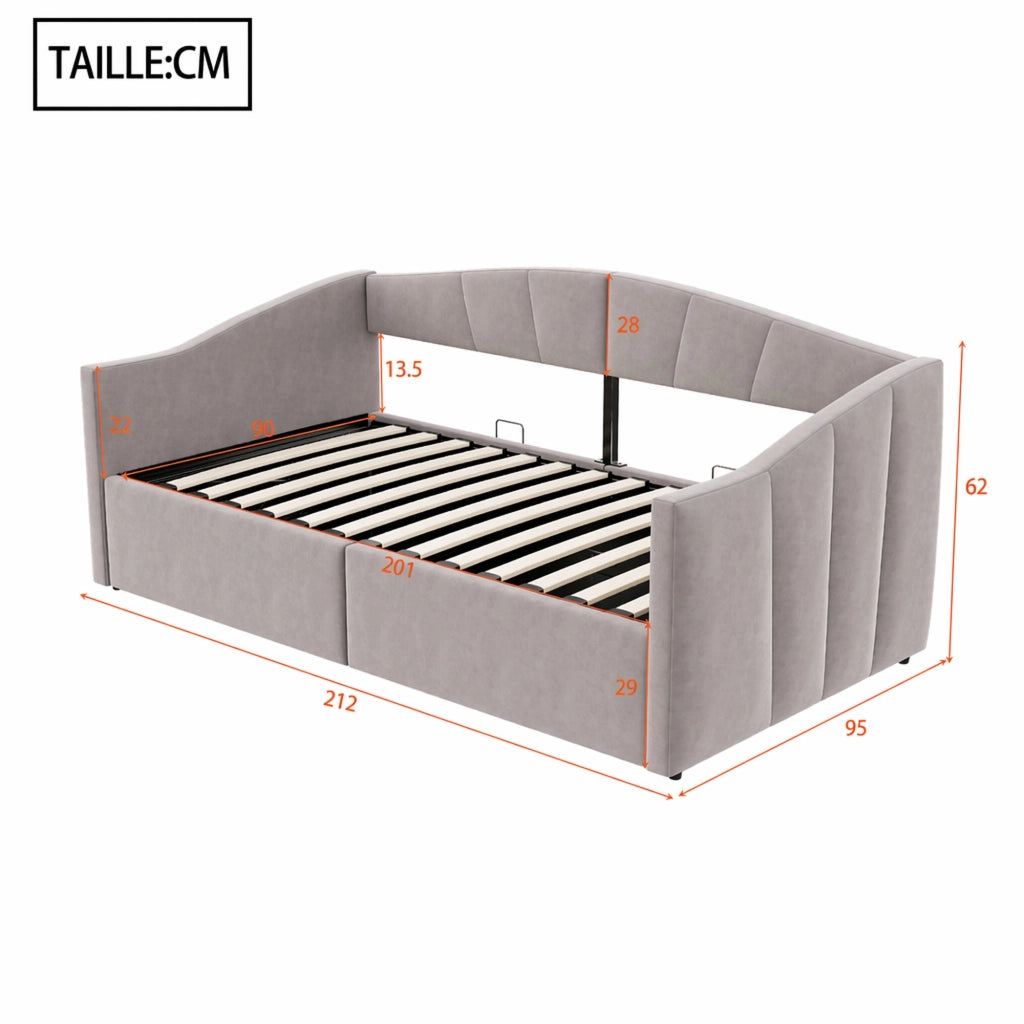 DESMIU Divano letto 90 × 200 cm 1 posto con vano contenitore idraulico e braccioli, senza materasso, grigio chiaro