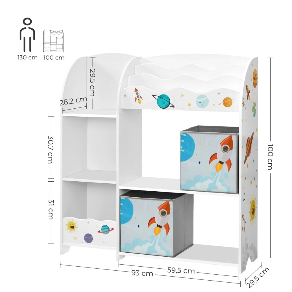Scaffale portaoggetti per giocattoli e libri 93 x 30 x 100 cm mobiletto multifunzionale con 2 cassetti in tessuto tema pianeta per sala giochi cameretta dei bambini soggiorno bianco 12_0005725