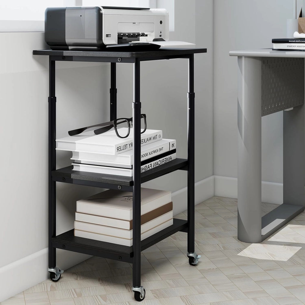Supporto per Stampante a 3 Livelli, Tavolino Porta Stampante con Ruote Bloccabili e Altezza Regolabile, per Stampante 3D, Scanner, Fax, per Studio e Ufficio, 49 x 40 x 65/77 cm (Nero)