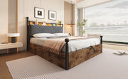 Letto 140x190 cm con baldacchino removibile; contenitore e LED in metallo e legno nero