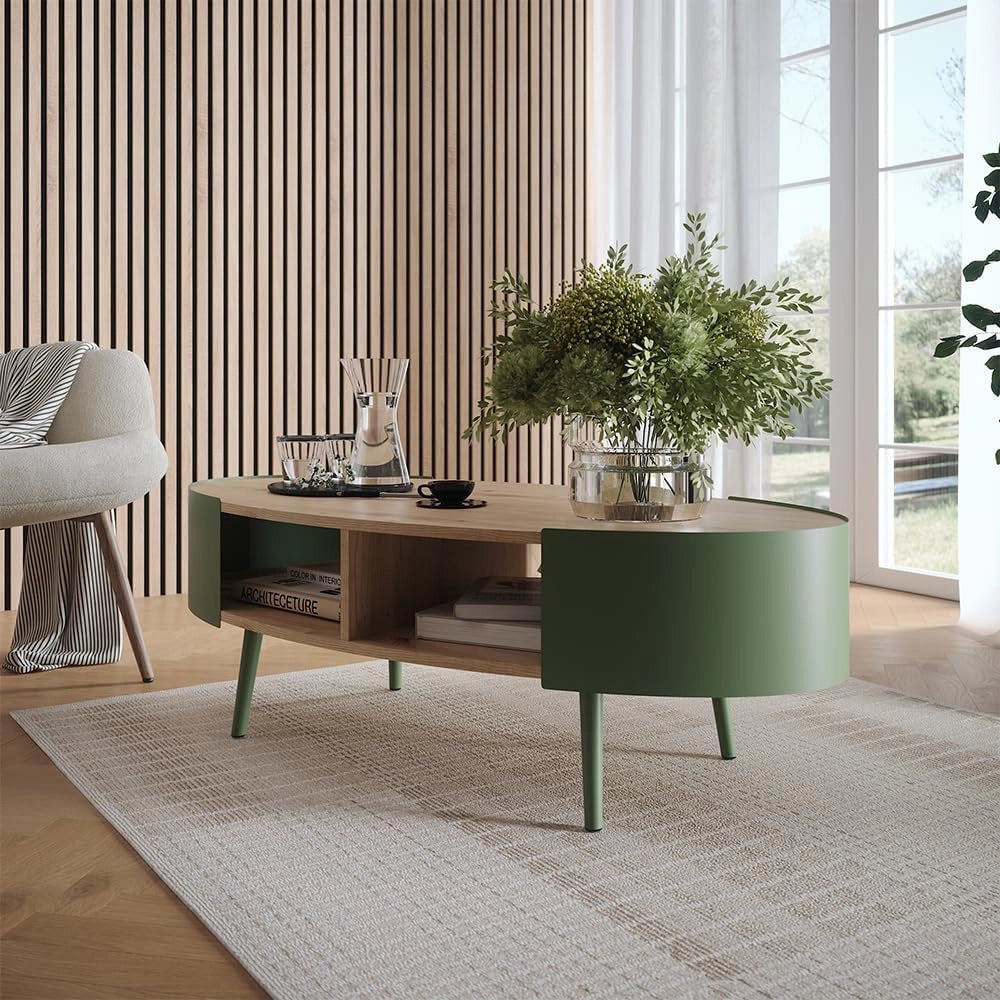Tavolino Lofta, Verde, 120 x 60 cm, con ripiano per riviste e telecomandi