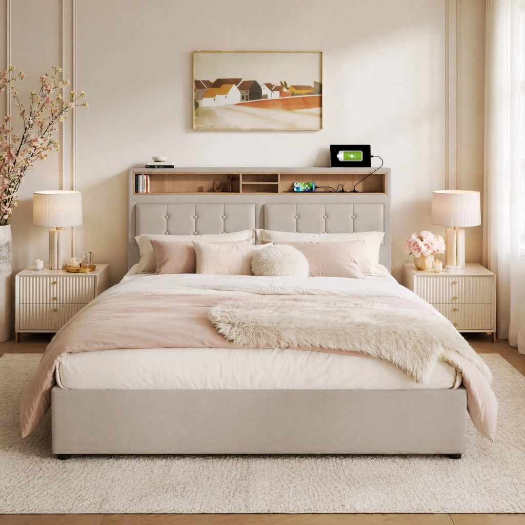 LETTO MATRIMONIALE 140x200 cm Imbottito in Lino Beige con testiera regolabile
