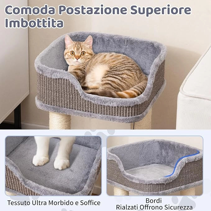 Albero per Gatti 38 x 38,5 x 51 cm, Torre per Gatti con Posatoio in Peluche, Pali Graffianti in Sisal e Palla Pendente, Centro Attività Moderno per Animali Domestici (Grigio)