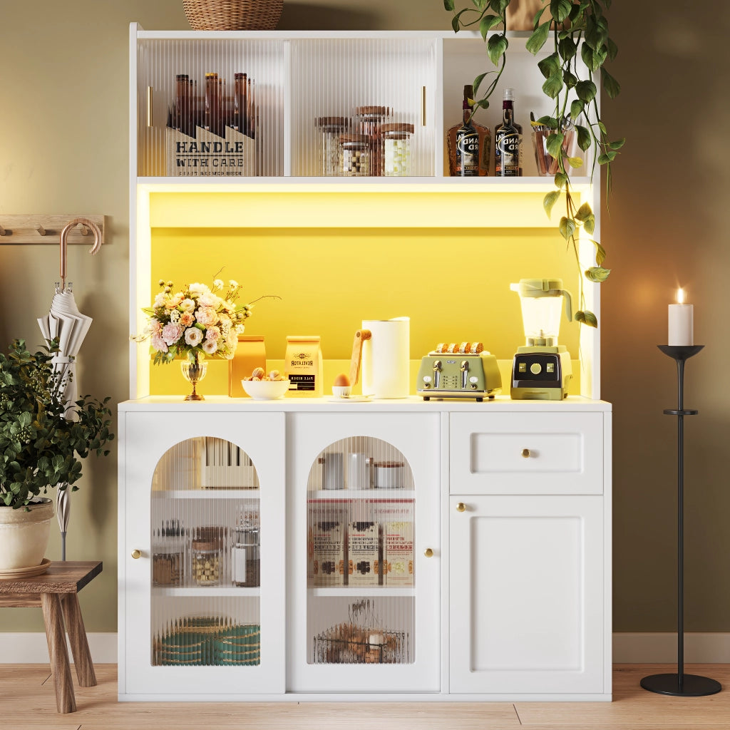 Credenza Cucina Alta con Ante Scorrevoli in Vetro; Cassetti; Ripiani Regolabili e LED; in MDF; 120x35x167 cm