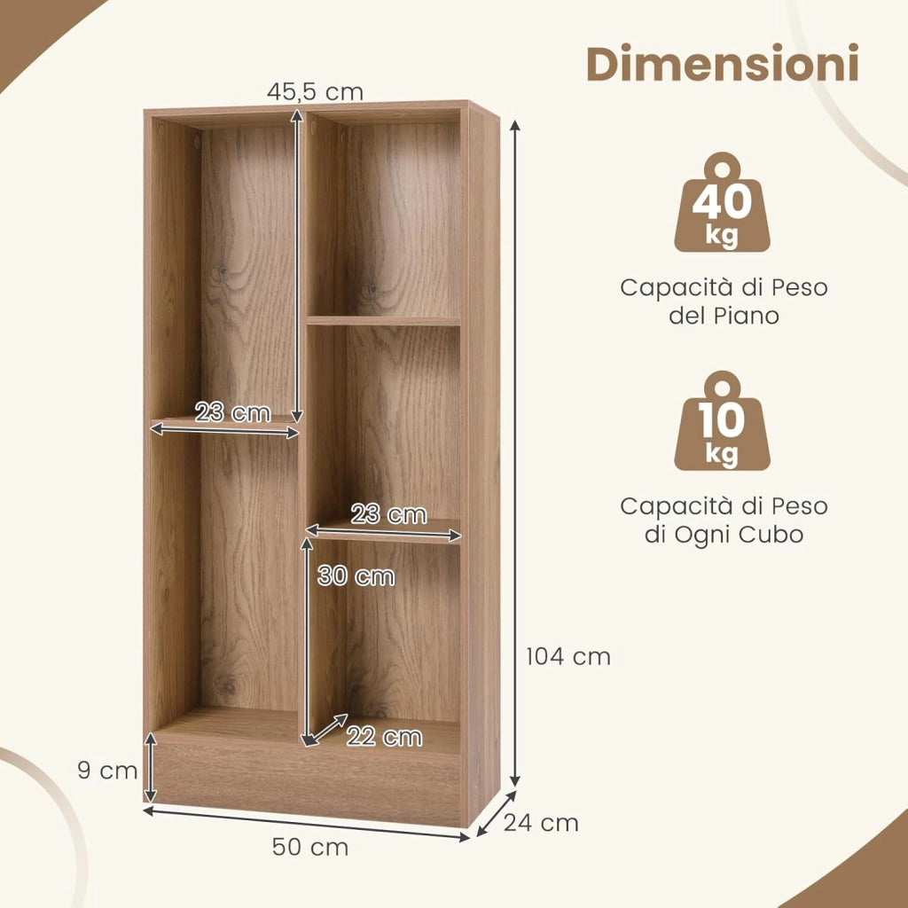 Libreria a 5 Cubi, Organizzatore di Stoccaggio Autoportante a 3 Livelli con 2 Kit Antiribaltamento, Mensola in Legno per Soggiorno Camera da Letto Ufficio, 50x24x104 cm (Naturale)