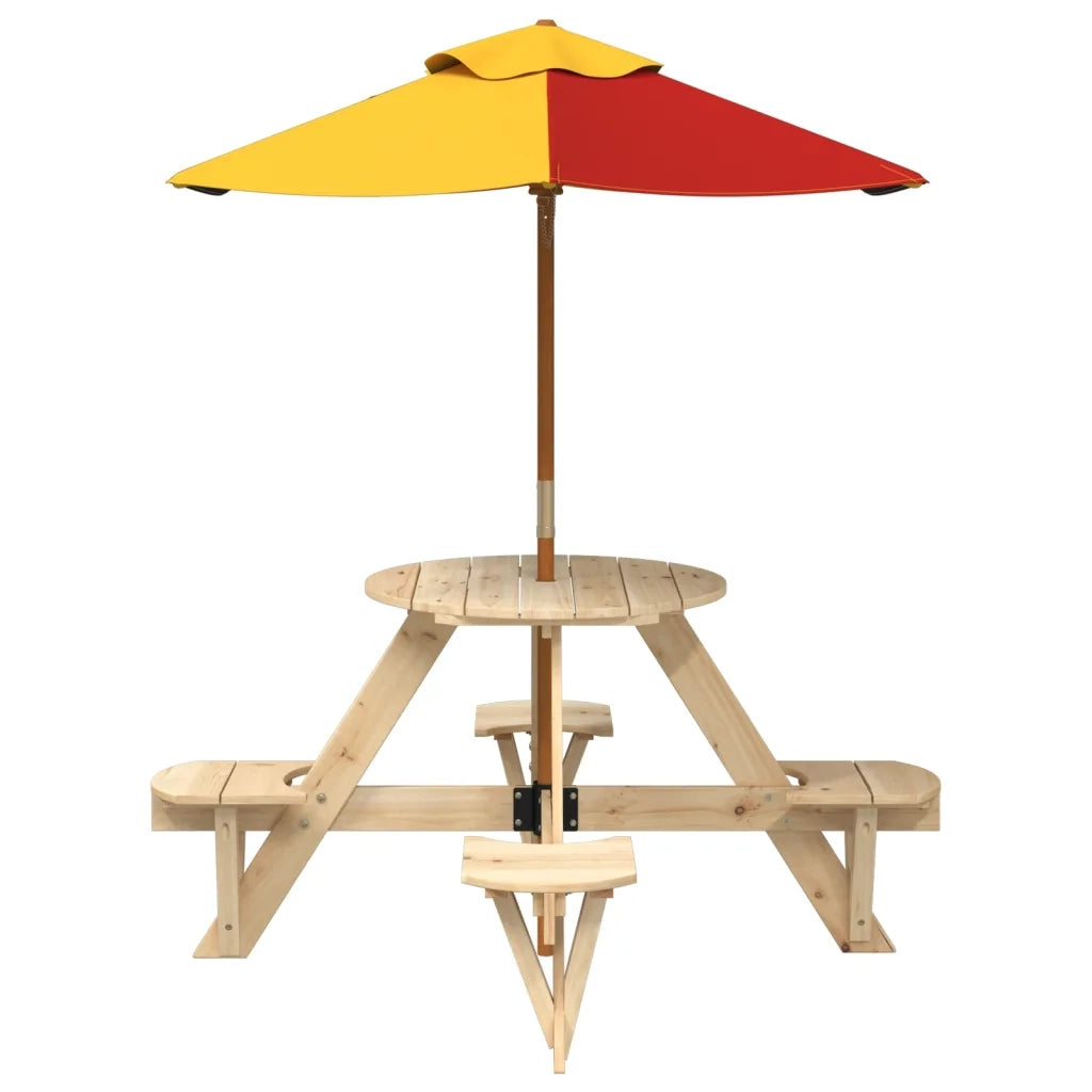 vidaXL Tavolo Picnic per 4 Bambini con Ombrellone Rotondo Legno Abete