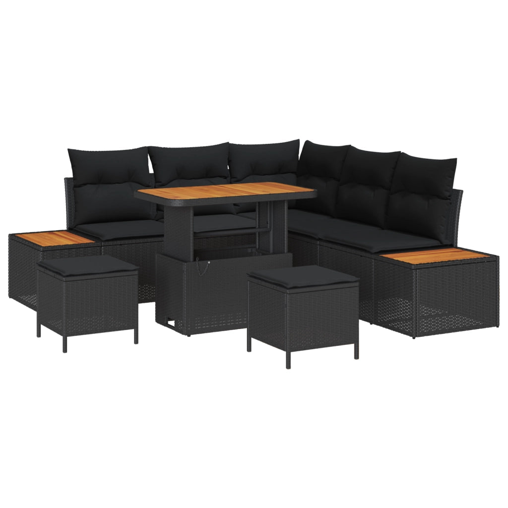 Set Divano da Giardino 8 Pezzi con Cuscini Nero Polyrattan Acacia