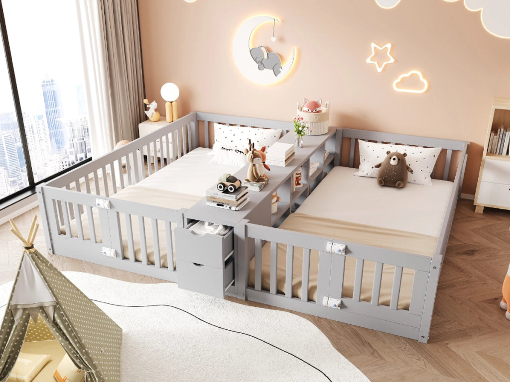 Letto combinato per bambini 90 × 200 cm con ripiano centrale e 2 cassetti, senza materasso, in legno, grigio