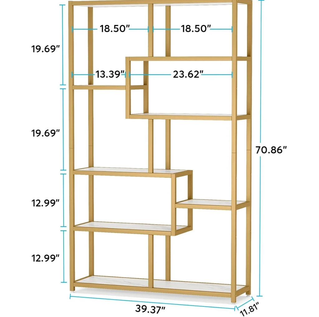 Libreria a 8 ripiani 100x20x180 cm bianca e oro, struttura metallica