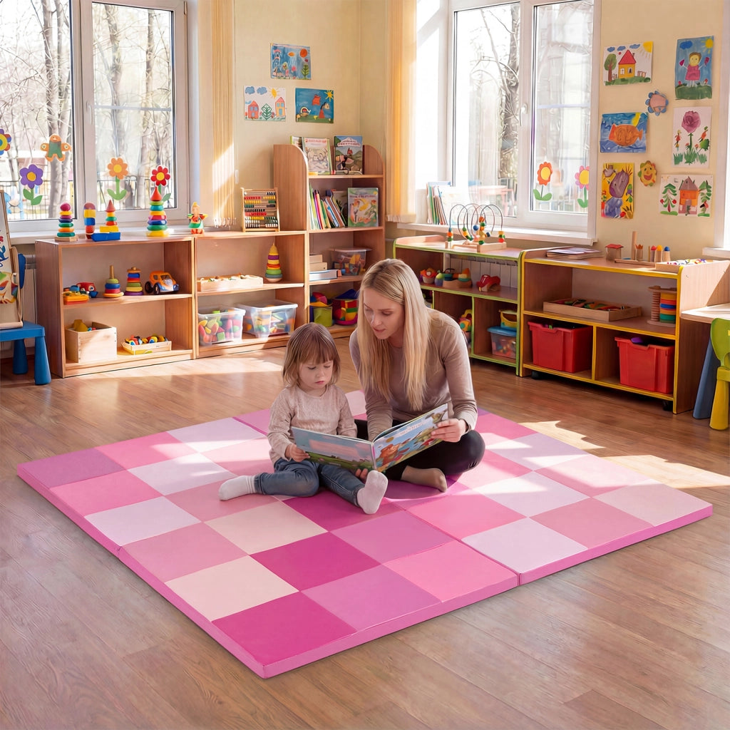Tappetino attivit¨¤ patchwork per bambini pieghevole impermeabile, Tappetini da gioco set 2 pz 144x144cm Rosa