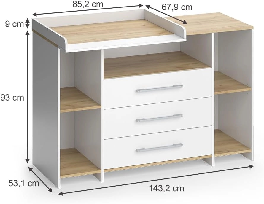 Fasciatoio Oskar, Rovere bianco/dorato, 143.2 x 93 cm con 3 cassetti, adatto come fasciatoio con area di appoggio estensibile