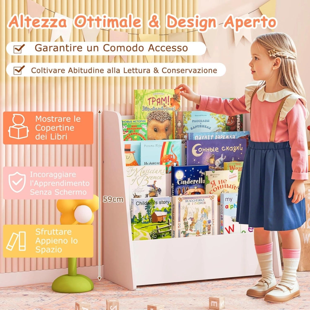 Libreria per Bambini a 4 Ripiani, Scaffale in Legno con Ampio Spazio di Esposizione, Porta Riviste per Camera dei Bambini Sala Giochi e Aula, 57,5x26,5x59 cm (Bianco)