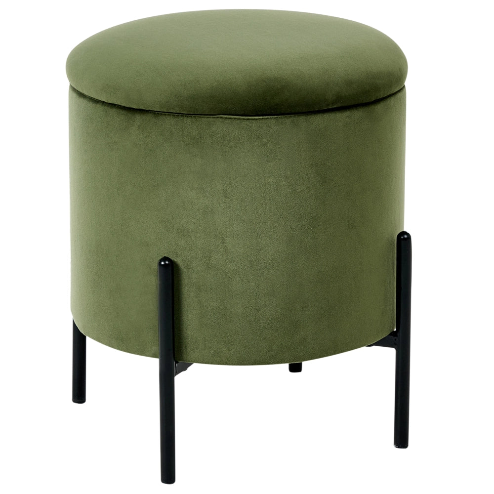 Pouf contenitore con seduta in tessuto velluto e base in legno poggiapiedi rotondo tavolino occasionale verde