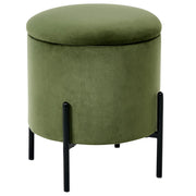 Pouf contenitore con seduta in tessuto velluto e base in legno poggiapiedi rotondo tavolino occasionale verde