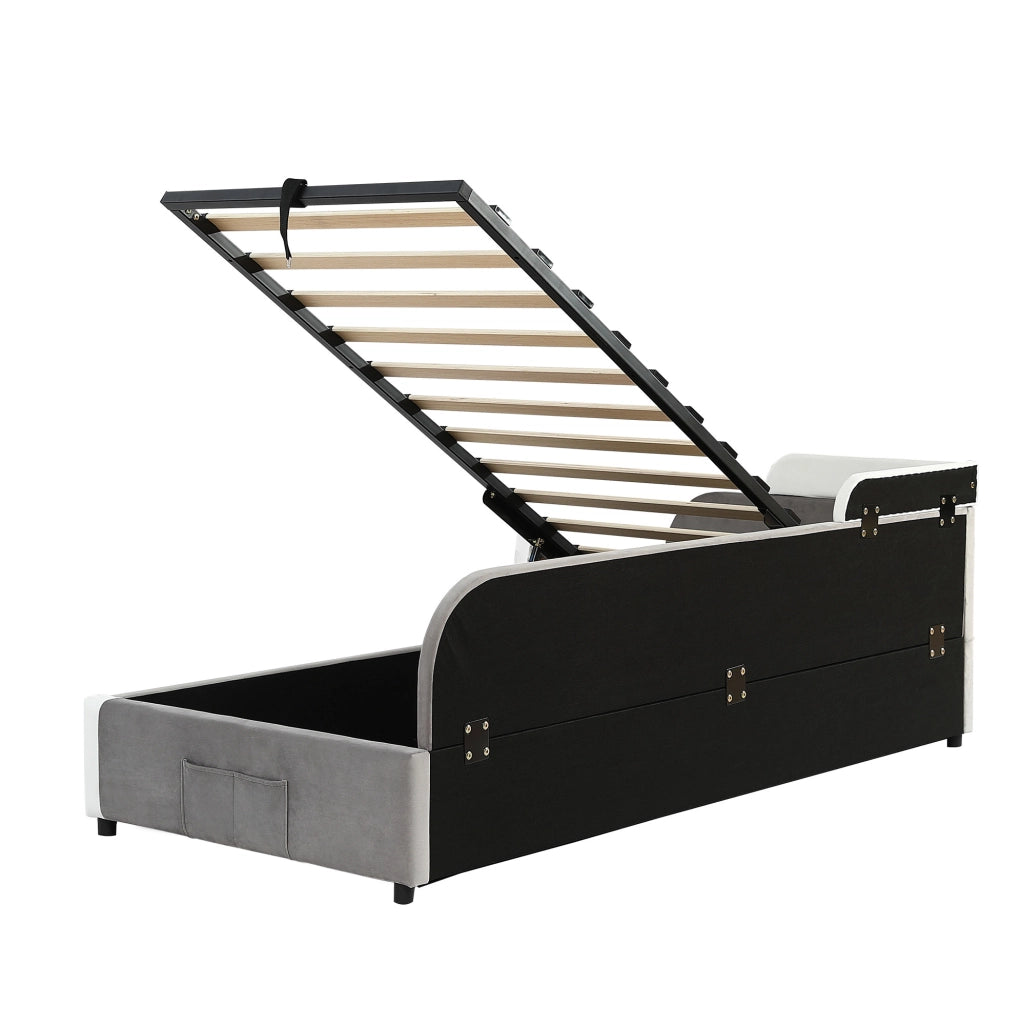 Letto imbottito 90x200 cm con contenitore idraulico in velluto e compensato
