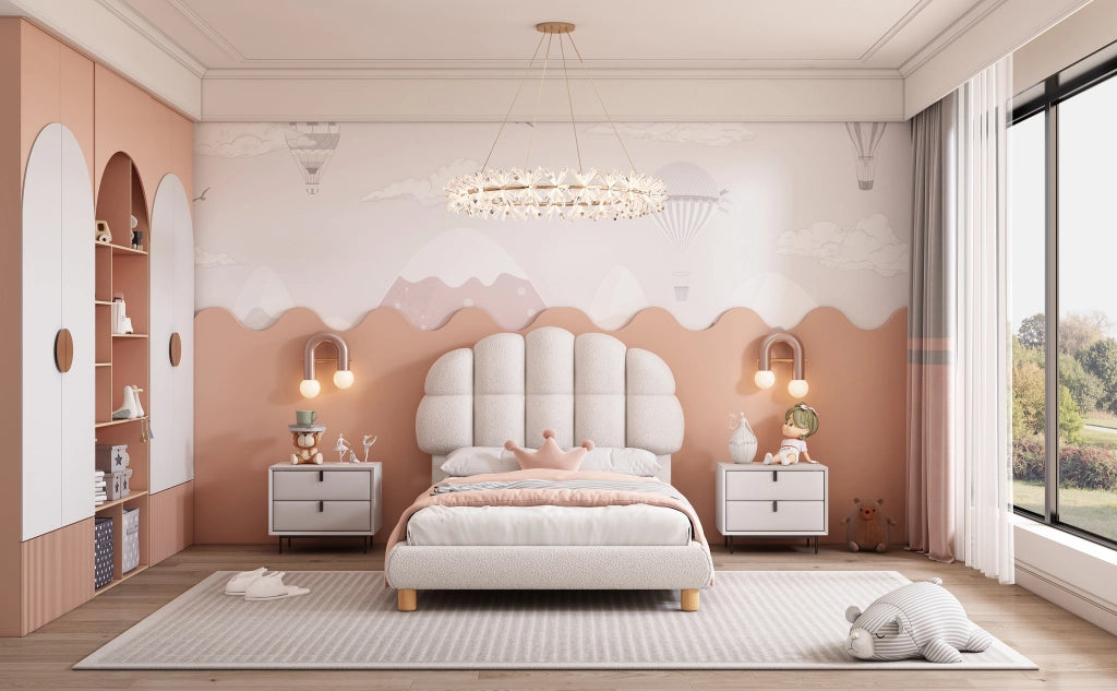 DESMIU Letto singolo 1 posto con testiera regolabile, senza materasso, superficie 90 × 200 cm, bouclé bianco