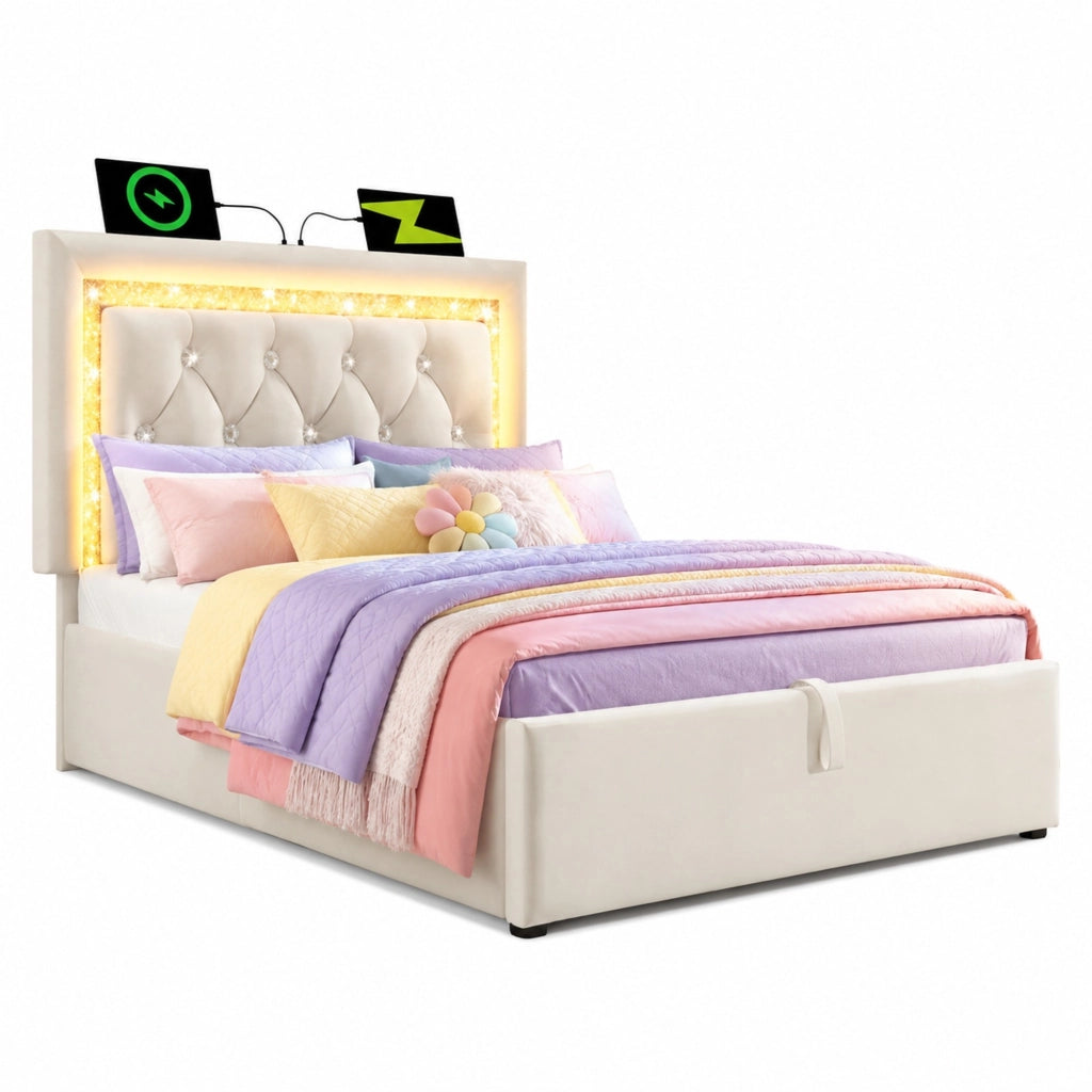 Letto singolo imbottito 90x200 cm in velluto con LED, USB Type-C e contenitore idraulico, beige