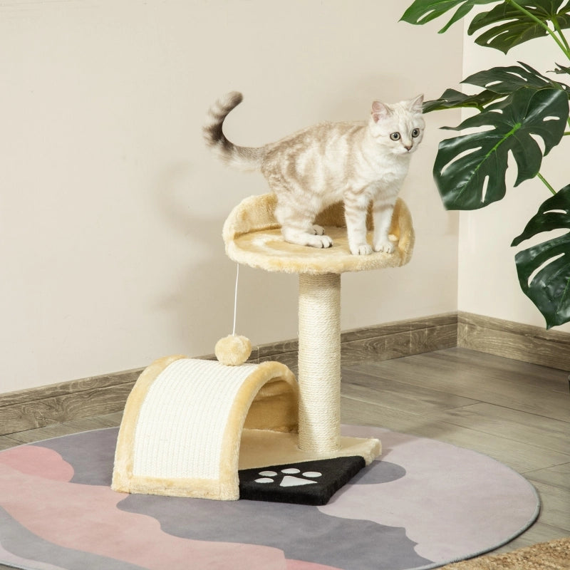 Albero tiragraffi per gatti beige con palline gioco, piattaforme e corde in sisal