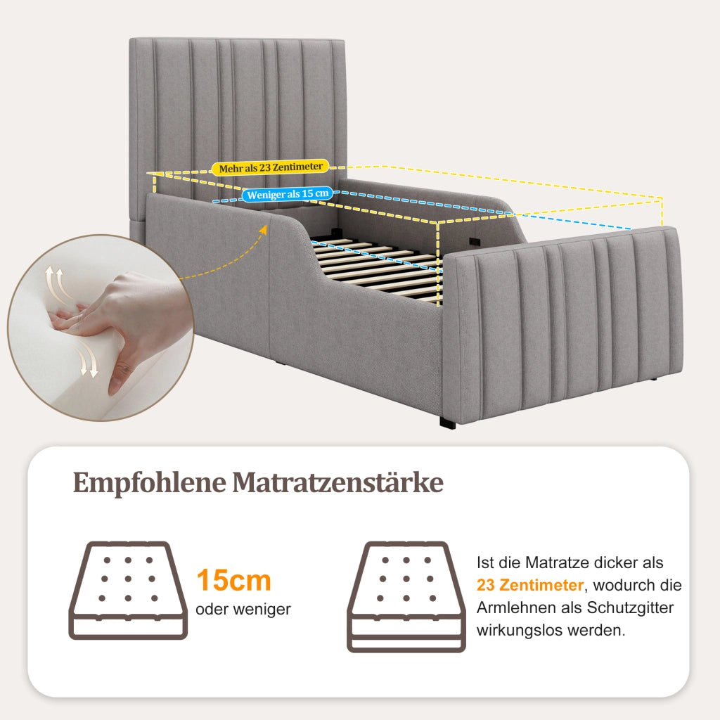 LETTO Contenitore 90x200 cm in lino grigio con rete a doghe