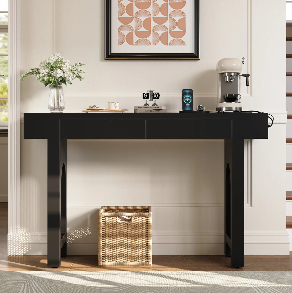 Tavolo consolle in MDF con 2 cassetti; prese USB e Type-C; 120 x 35;5 x 76;5 cm; nero