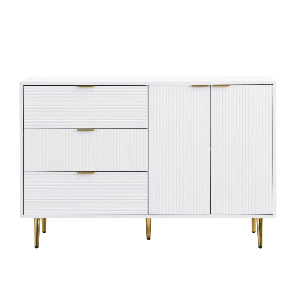 Credenza 120x38x80.5 cm con 3 cassetti e 2 ante; MDF bianco e oro