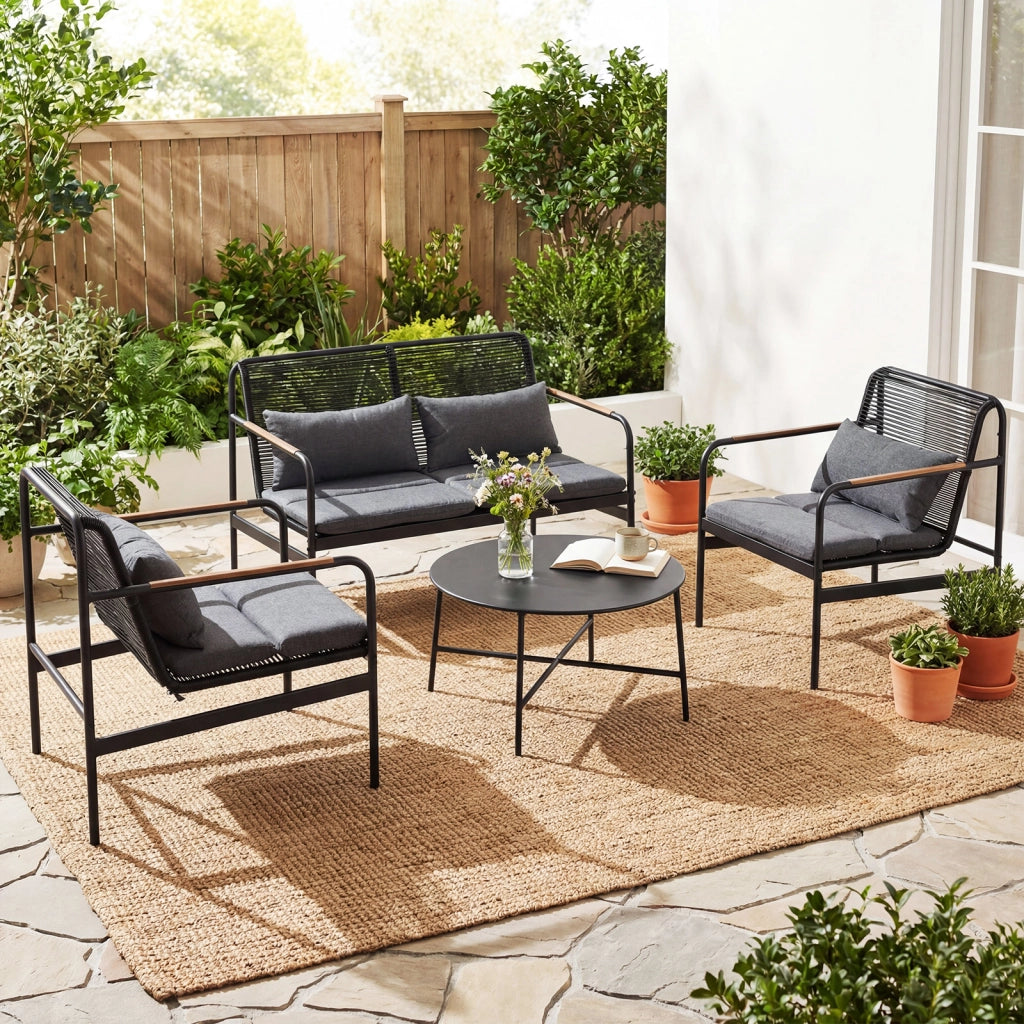 Set mobili da patio 4 pezzi in vimini con cuscini, Divano 2 posti e 2 poltrone con tavolino per giardino balcone