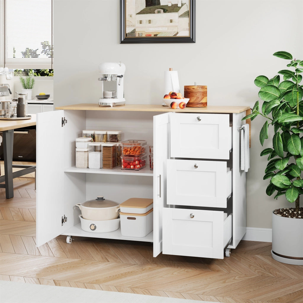 Carrello da cucina con 2 ante; 3 cassetti; piano ribaltabile; portaasciugamani e 5 ruote; in MDF; 135x70x90 cm