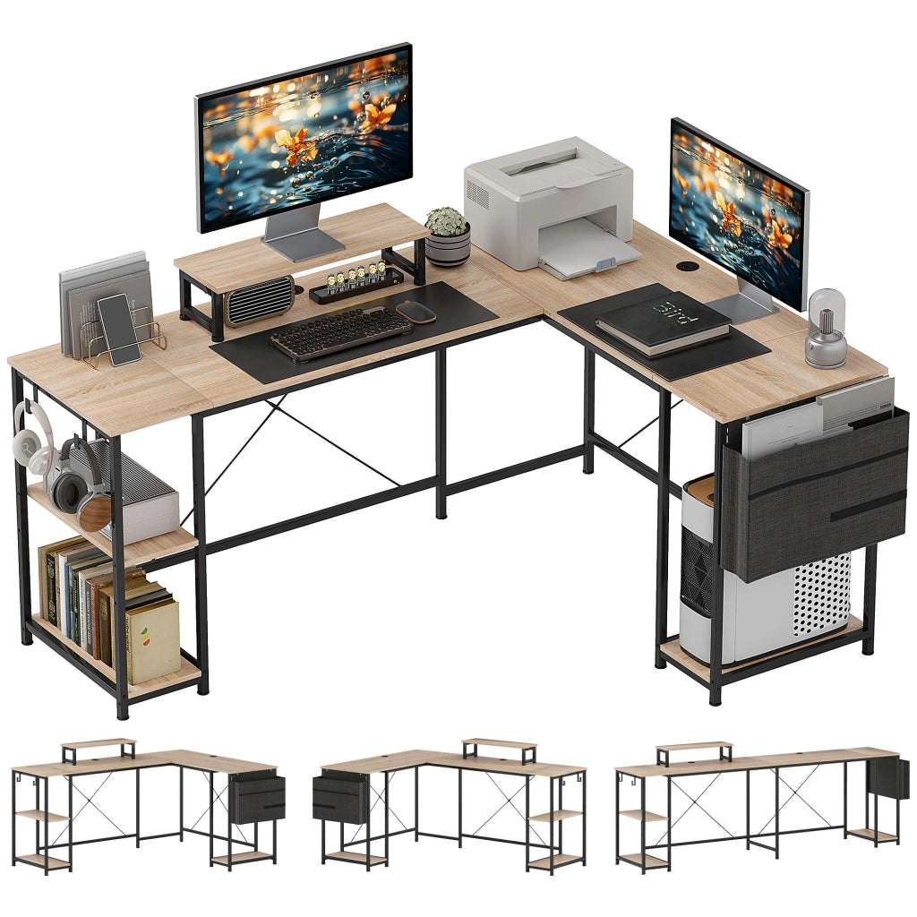 Scrivania Angolare Modulabile 168-240 cm ¨C Xylo ¨C Legno Rovere, Ripiani Regolabili, Supporto Monitor