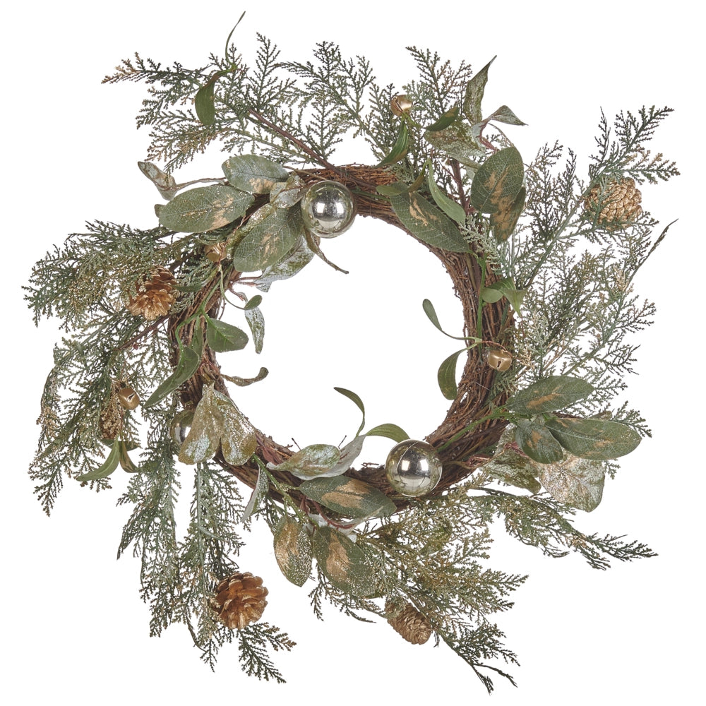 Ghirlanda di natale verde oro materiale sintetico 45 cm pigne palline di neve design tradizionale rotondo