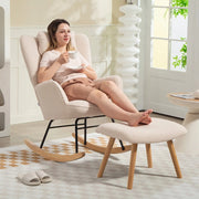 Poltrona a dondolo con poggiapiedi e cuscino schienale alto in poliestere e acciaio con gambe in legno beige