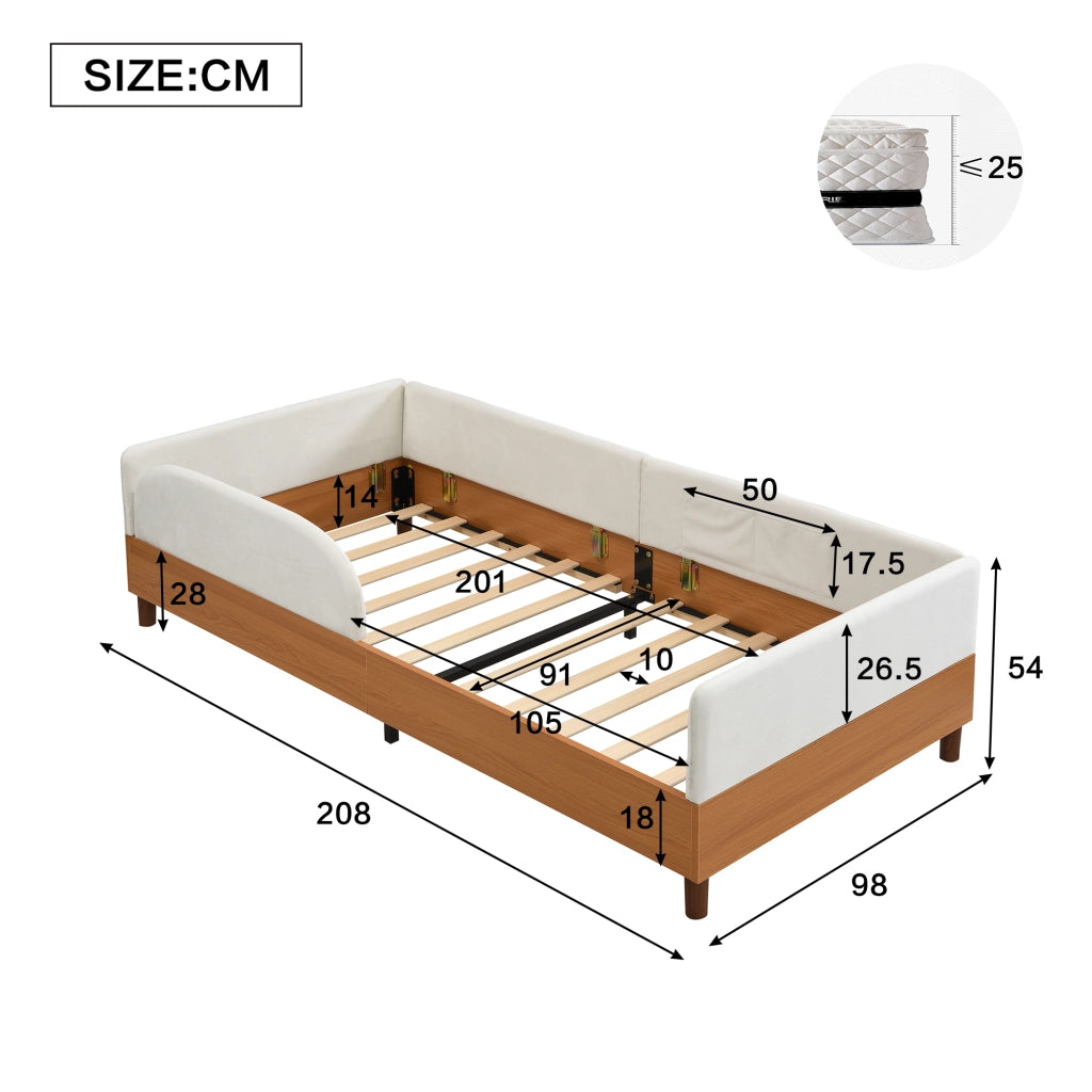 Letto singolo imbottito in velluto e legno 90x200 bianco 2 tasche bordo antiurto