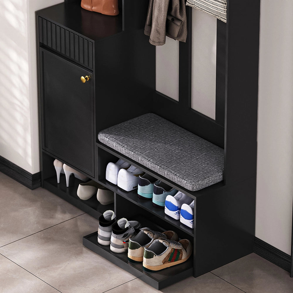 Armadio d'ingresso con panca - Xylo - 100??180??35 cm - Nero - 4 ganci, porte e cassetti