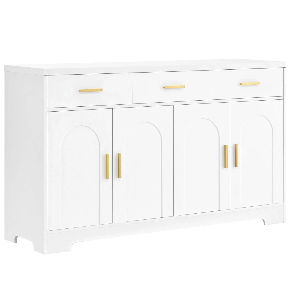 Sideboard bianco 140 cm con 4 ante ad arco; 3 cassetti; ripiani regolabili; MDF