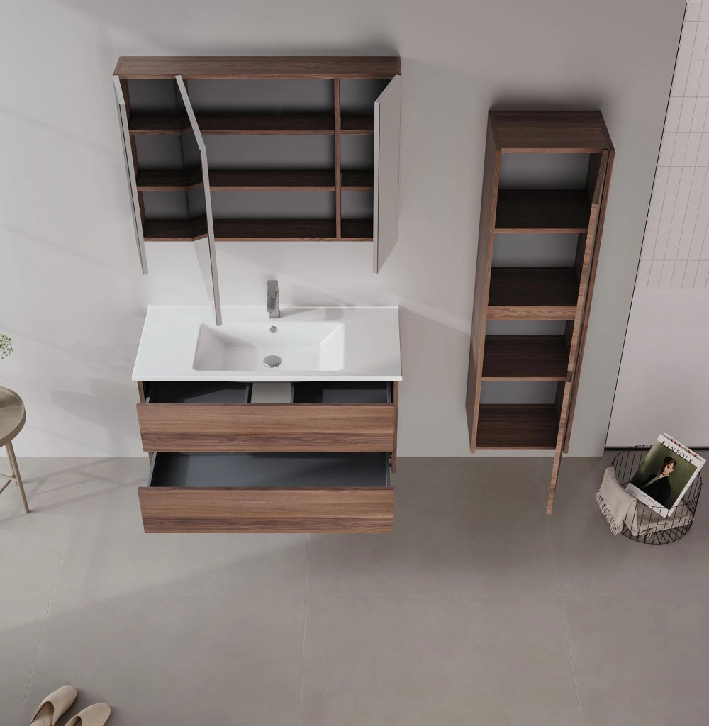 Set mobile lavabo con specchio (2 pezzi) "Side 100 v3" - 100 x 16 x 52 cm - Noce