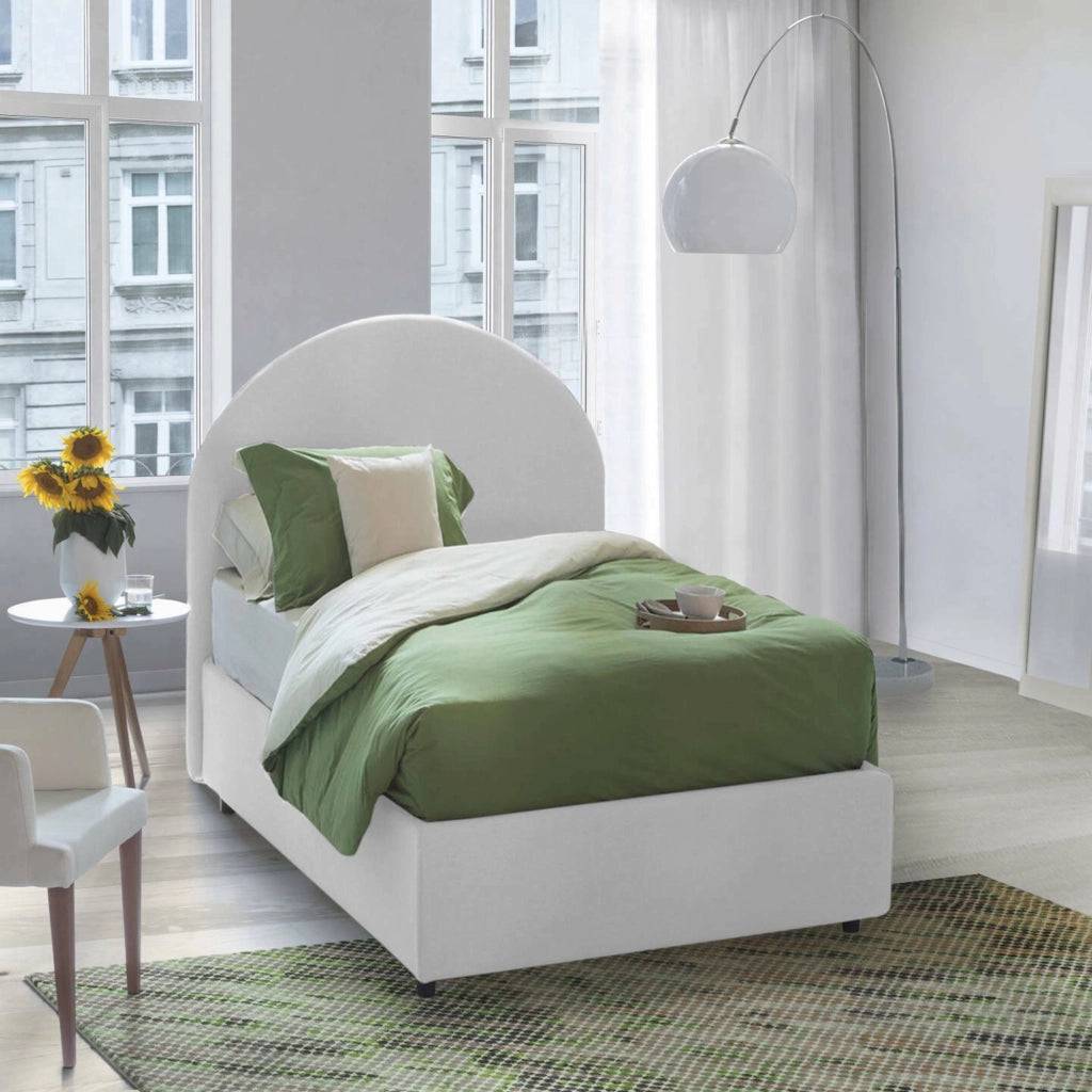Letto singolo Amantea, Letto contenitore con rivestimento in tessuto, Made in Italy, Apertura frontale, adatto per materasso cm 80x190, Bianco