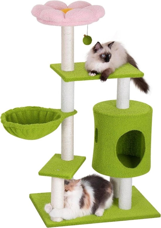 Albero per gatti con fiori 100 cm - Torre per gatti con piattaforma e scala con gancio per gatti - Divertente torre per gatti per gatti da appartamento - Banchina rossa superiore e lettino a sospensione con pallone morbido e campanello