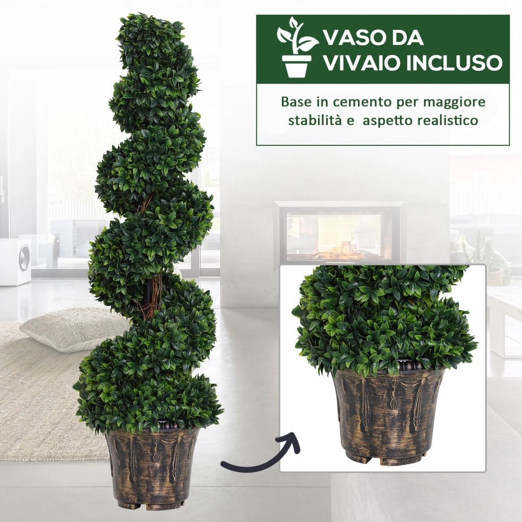 Set 2 Piante Artificiali di Bosso a Spirale per Interni ed Esterni con Vaso. ?32x120 cm. Verde
