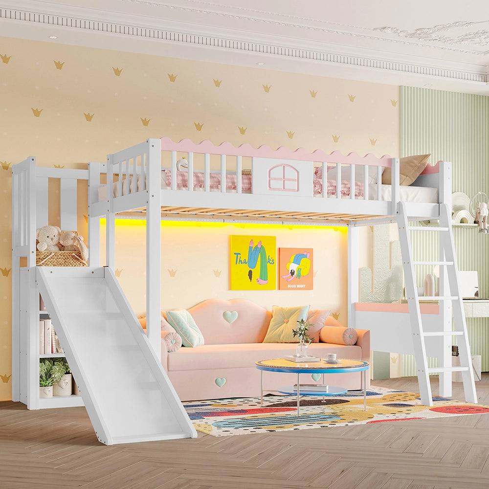 Letto a Soppalco Bambini con Scivolo – Xylo – 90x200cm, Pino, Luci LED, Scaffali, Cert. EN747, Bianco, Senza Materasso