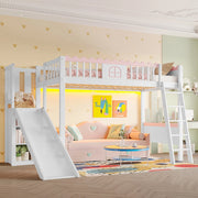 Letto a Soppalco Bambini con Scivolo – Xylo – 90x200cm, Pino, Luci LED, Scaffali, Cert. EN747, Bianco, Senza Materasso