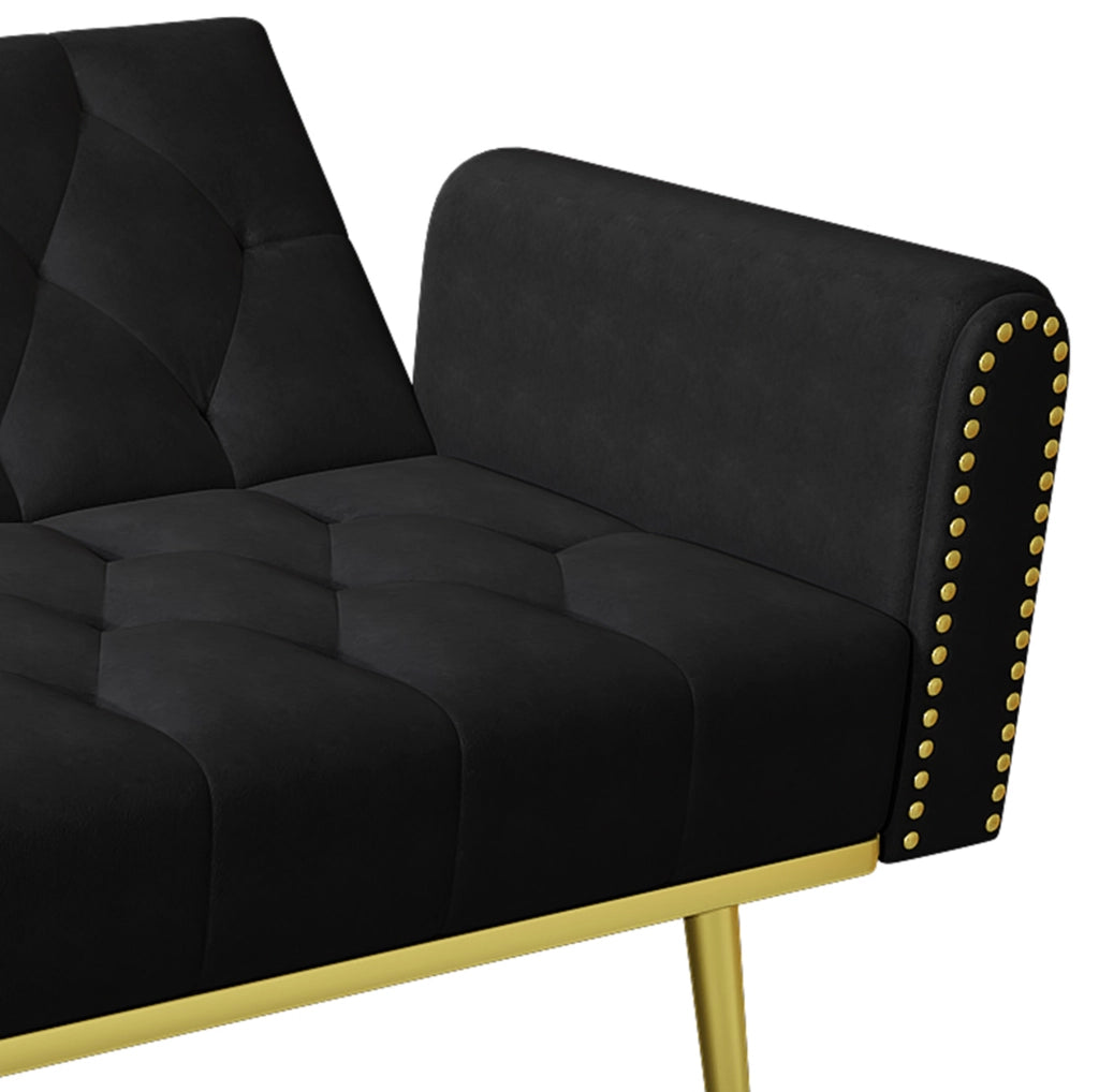 Divano letto 2 posti 175x80x73.5 cm con schienale regolabile e portabicchieri in velluto nero