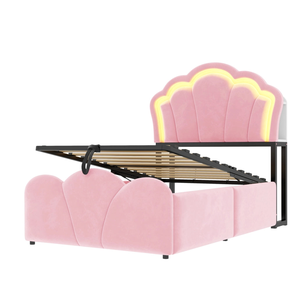 Letto imbottito 90x200 cm con contenitore idraulico, LED e prese integrate