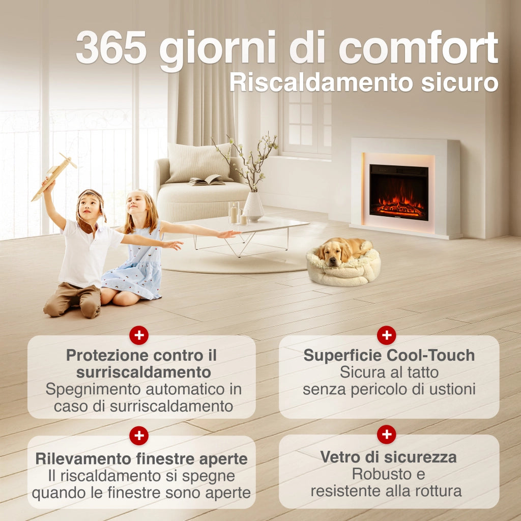 KAMINIO Camino elettrico MATTI - Caminetto da pavimento con riscaldamento, effetto fiamma 3D, luce ambiente a LED, telecomando - 38 pollici, Bianco