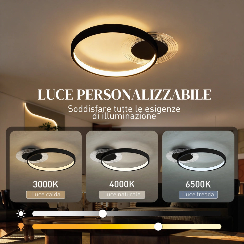 Plafoniera LED Moderna a 2 Anelli con Temperatura Colore Regolabile, Potenza 30W, Nero