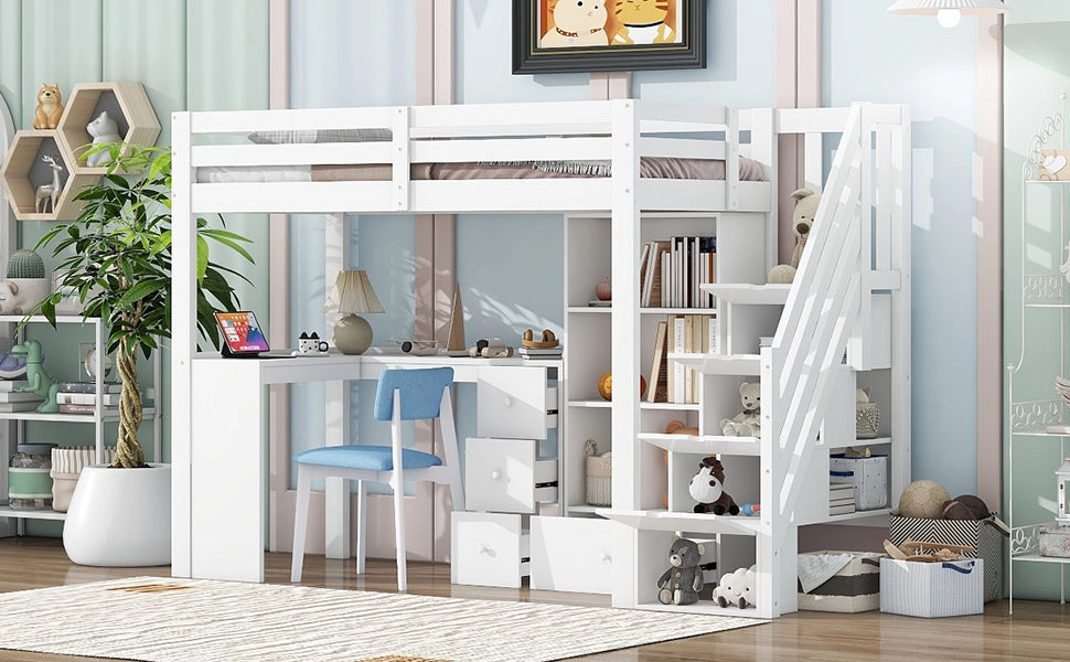 LETTO A CASTELLO CON SCRIVANIA E SCALA CONTENITIVA 90x200 cm BIANCO
