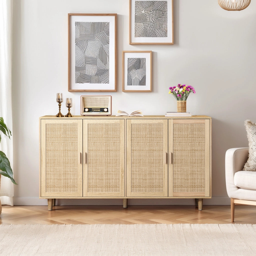 Armadio contenitore a 4 ante in rattan naturale 158 x 40 x 88 cm con ripiano regolabile