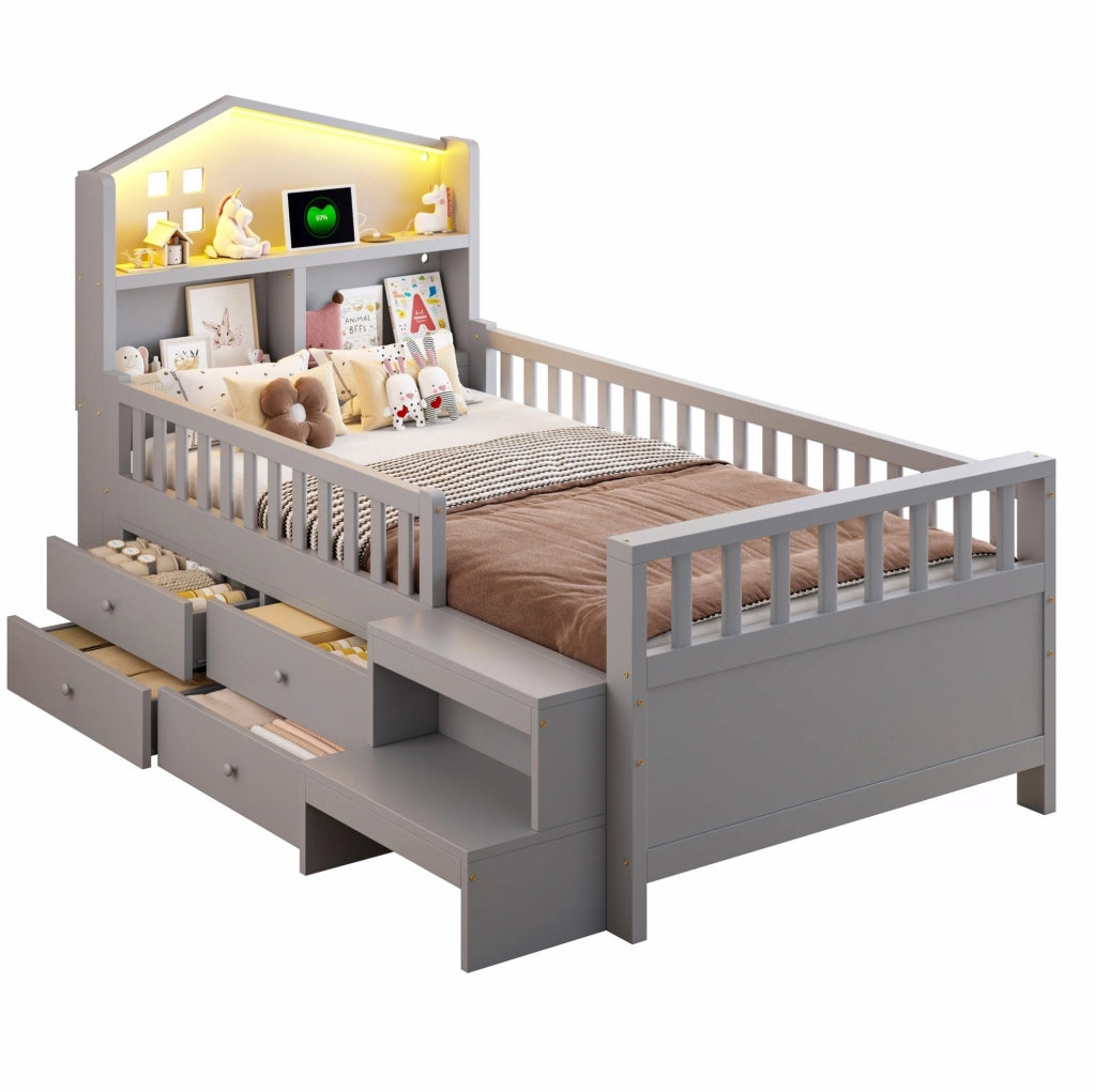 Letto per bambini 90x200 cm con 4 cassetti; LED; USB e Type-C; in legno massello; grigio