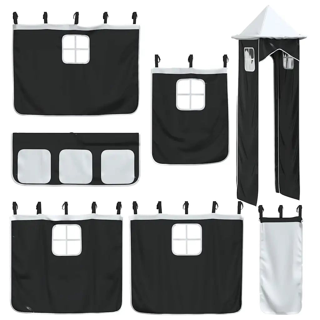 Letto singolo | Letto per adulti | Letto a Castello con Scivolo e Tende Bianco e Nero 80x200 cm