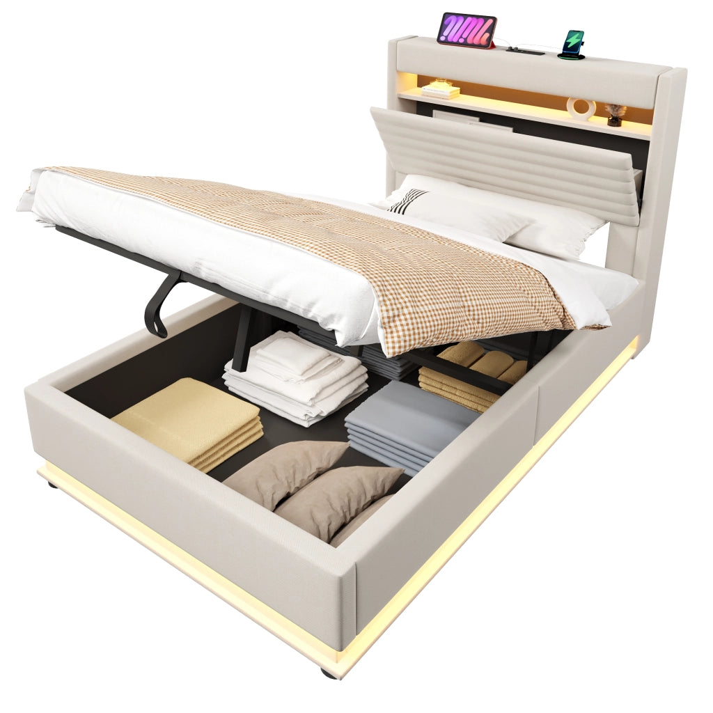 Letto contenitore imbottito 90x200 cm con apertura ribaltabile; LED tramite pulsante e App; USB-C; lino beige